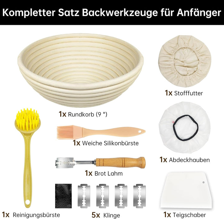 Gärkorb Brot Set, Gärkörbchen Rund 23 cm aus Natürlichem Rattan, Inklusive Bäckermesser, Bäckerleine