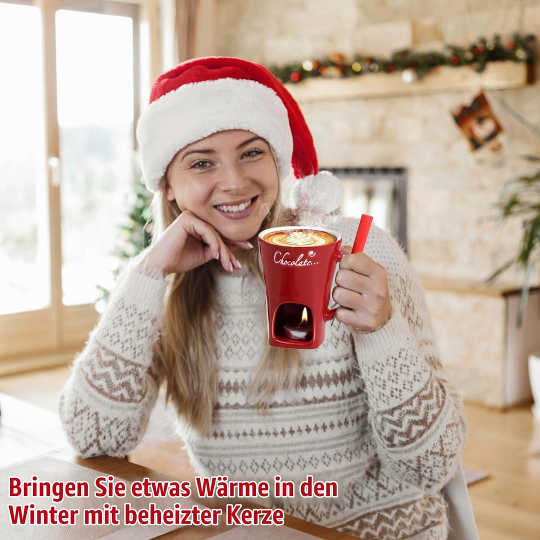 WELLXUNK Schokoladen Fondue Becher Set, 200 ml Keramik Schokoladenfondue Tasse, Rot Schokofondue Tas
