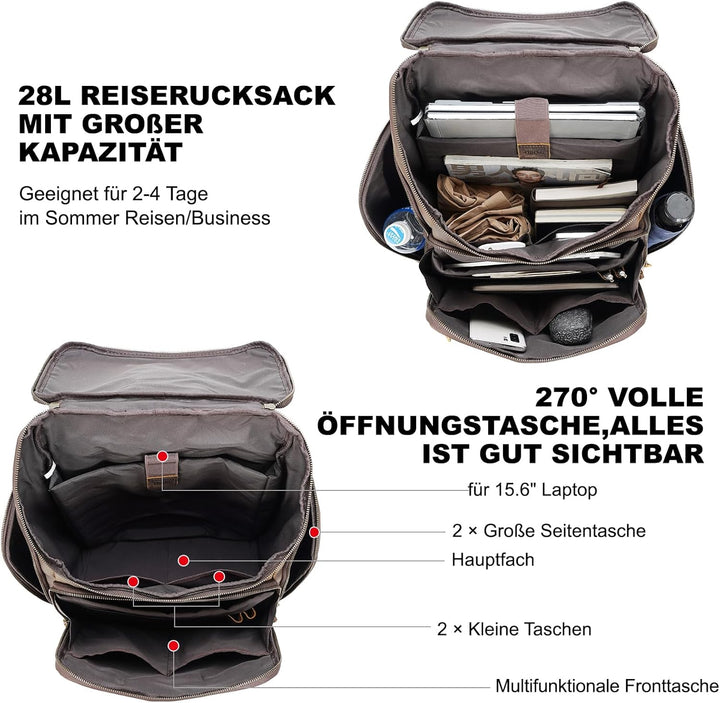 TIDING Rucksack Herren Leder 15,6 Zoll Laptop Tasche Schulrucksack Laptoptasche Grosse Kapazität Day