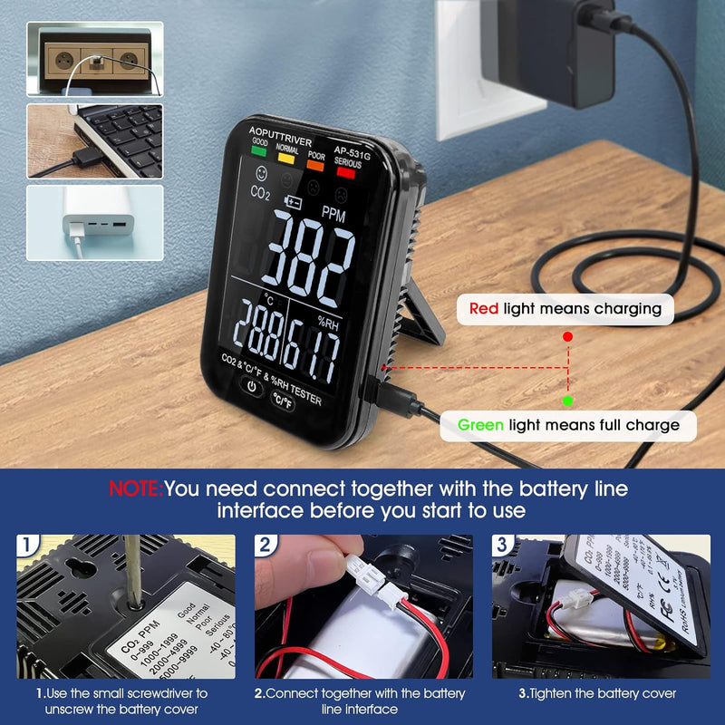 Mini CO2 Detektor, AP-531G Tragbarer CO2-Detektor 3-in-1-Raumluftqualitätsmonitor mit Temperatur- (℃