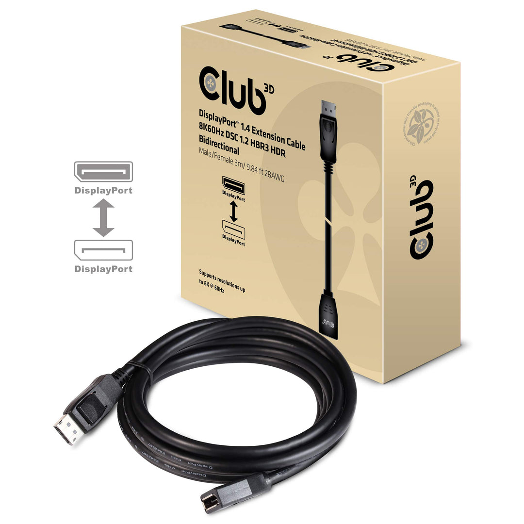 Club 3D DisplayPort 1.4 Verlängerungskabel 8K60Hz DSC1.2 HBR3 HDR Bidirektional Stecker/Buchse 3m