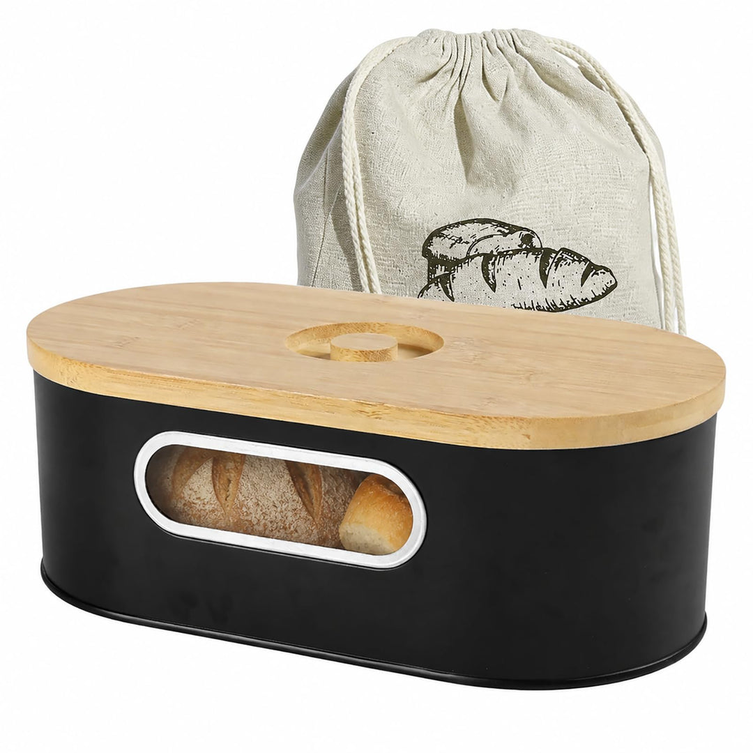 Brotkasten Schwarz, Brotbox aus Verzinktem Eisen mit 2-in-1-Bambusdeckel | Brotaufbewahrungsbox mit