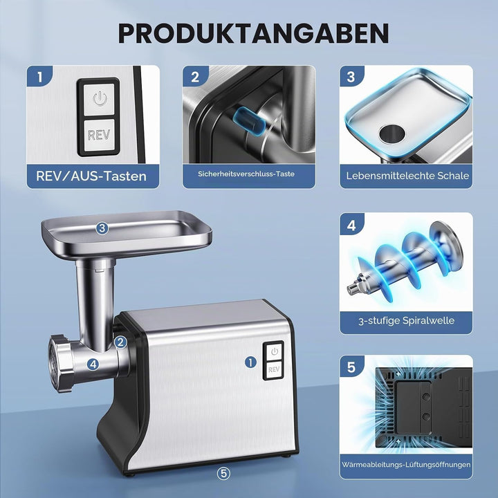 Elektrischer Fleischmäler, Multifunktional-Fleischmäler mit 3 Schneidplatten, 3 Klingen, Kubbe-Kit u