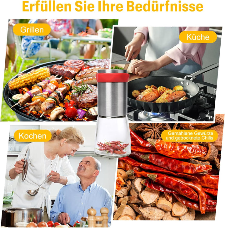Chilimühle Edelstahl & Glas,Chilischneider für Getrocknete Chilis und Grobe Gewürze,Gewürzschneider