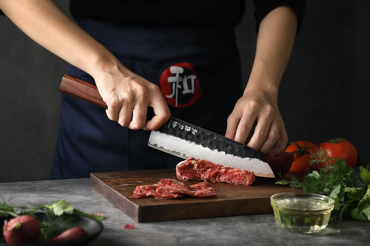 HEZHEN 18,5cm Santoku Messer, Verkleideter Stahl Kochmesser, Geschmiedet Japanischer Stil Gyuto Mess