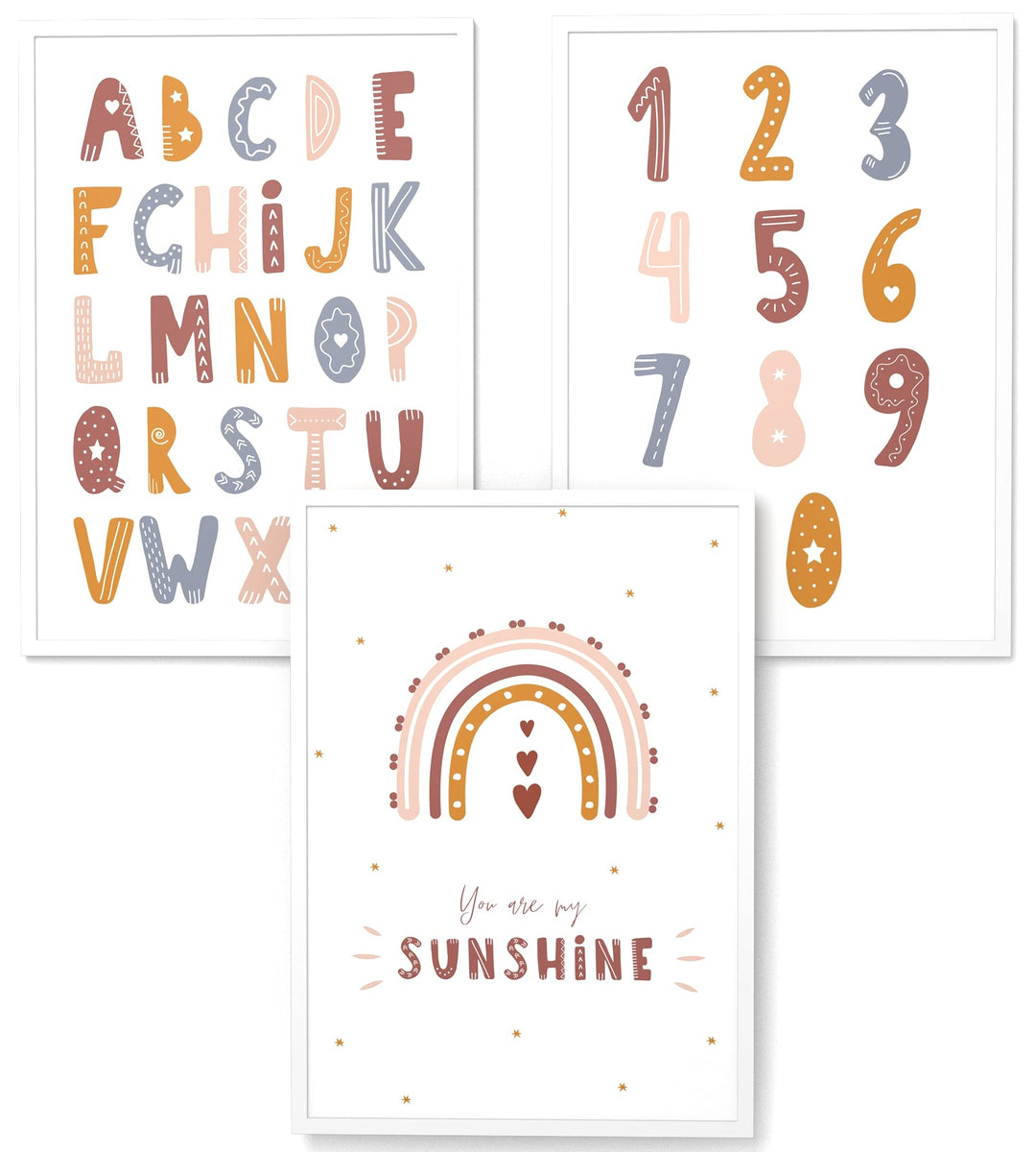 Papierschmiede® Kinderbilder 3er Set Lernposter, A3 gerahmt in Holzrahmen (weiss), Geschenk für Mädc