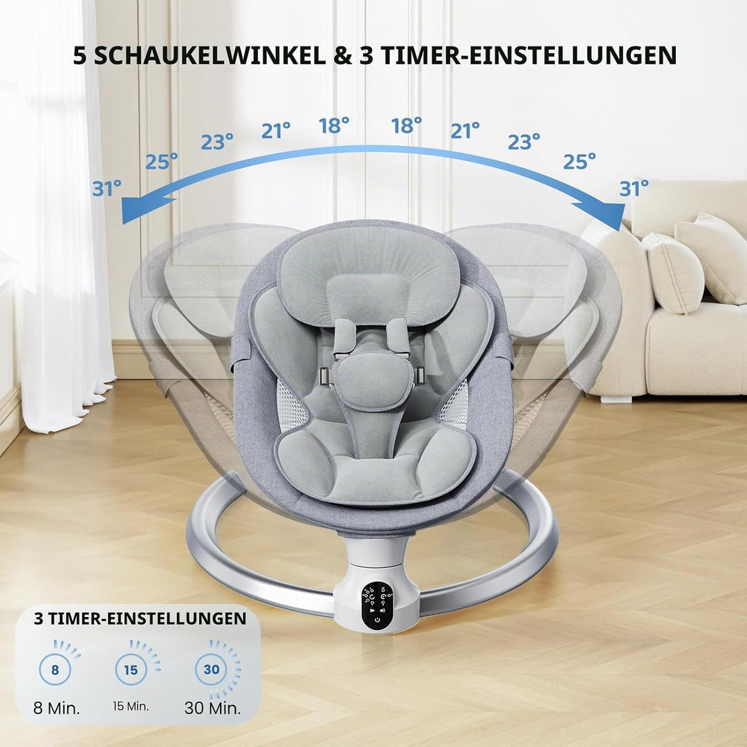 Bluetooth Elektrische Babyschaukel, Upgrade 5-Punkte Geschirr Elektrische Babywippe mit 5 Geschwindi