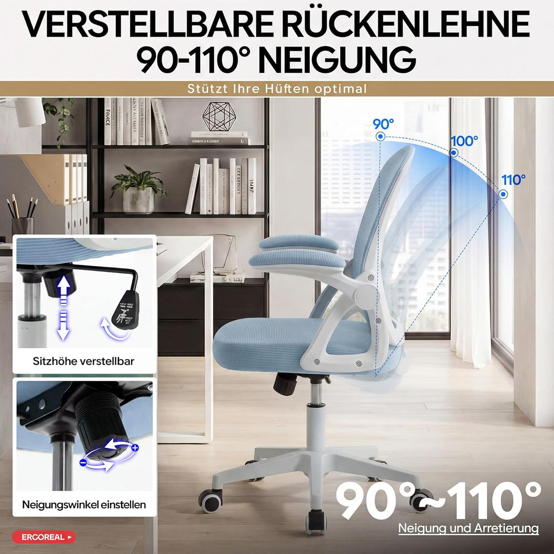 Ergonomischer Bürostuhl, 90-110° Verstellbare Rückenlehne & Aufklappbare Armlehnen (90°), Bürostuhl