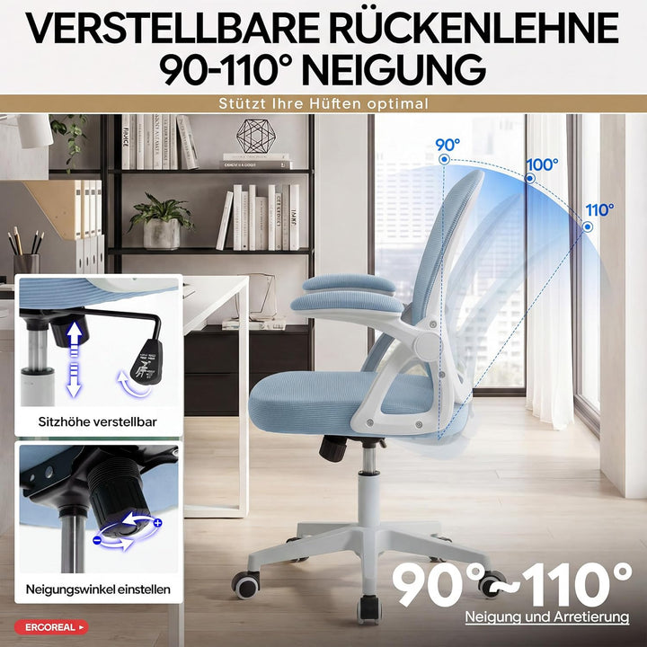 Ergonomischer Bürostuhl, 90-110° Verstellbare Rückenlehne & Aufklappbare Armlehnen (90°), Bürostuhl