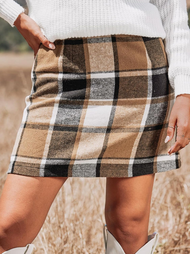 CUPSHE Karierter Minirock, Klassischer Preppy-Stil Damenrock, Modischer Herbst-Winter Minirock, Brau