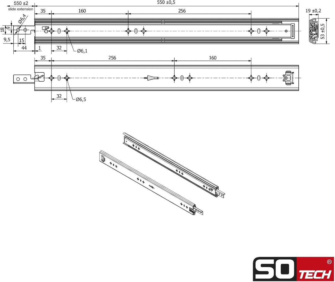1 Paar SOTECH Schwerlastauszüge VarioSlide KV2-100-H53-L550-EH 550 mm mit Lock-in/out Einrastfunktio