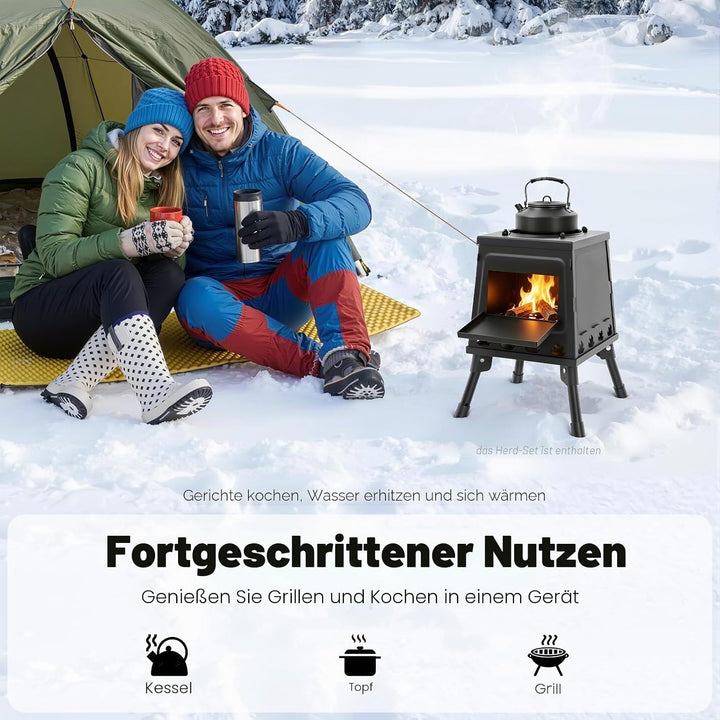 Zeltkocher &amp; Mini Holzofen, Edelstahl Raketenofen Faltbar Zeltofen mit Tragetasche, Brennstab &amp; Hand