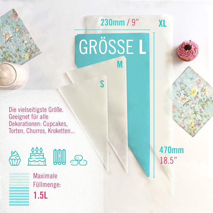 CukkiCakes 600 Stück Profi Einweg Spritzbeutel (Grösse: 30cm/40cm/47cm/53cm) - 100% Recycelbar - Ext