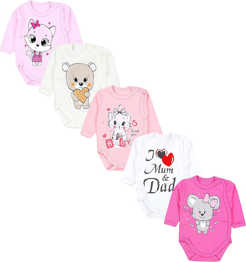 TupTam Baby Unisex Langarm Wickelbody Print/Uni 5er Pack 50 I love Mum Dad Weiss Katze Maus Rosa Bär