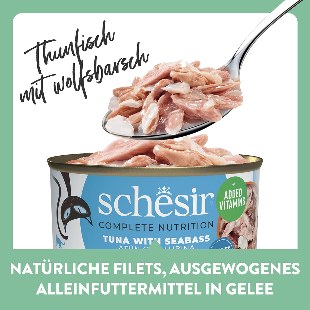 Schesir Cat Jelly Thunfisch mit Wolfsbarsch, Katzenfutter nass in Gelee, 8 x 6 Dosen x 50 g Thunfisc