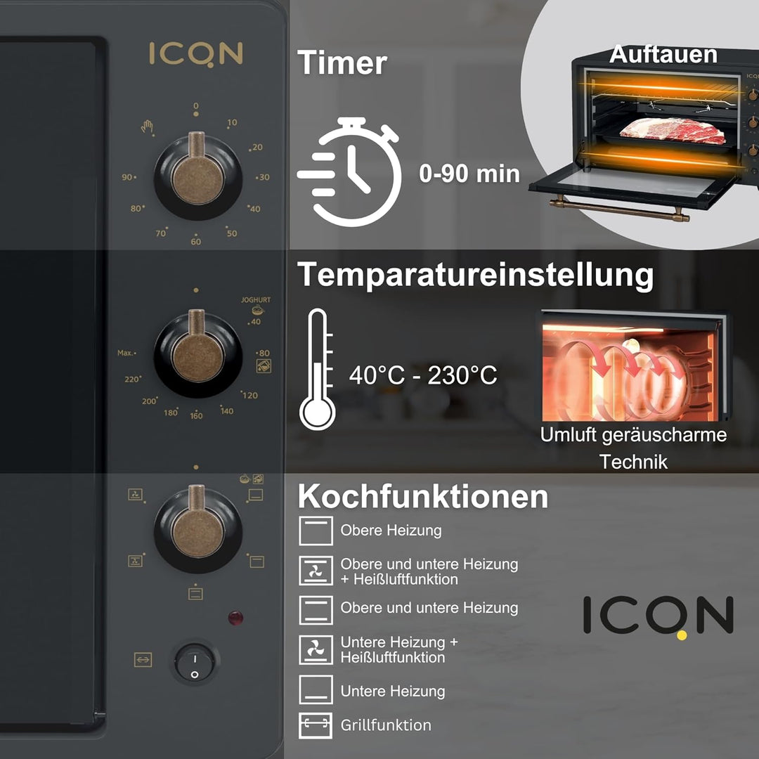 ICQN Rustik Minibackofen 60 Liter XXL mit Umluft, Drehspiess, Emailliert, Anthrazit Rustik Anthrazit