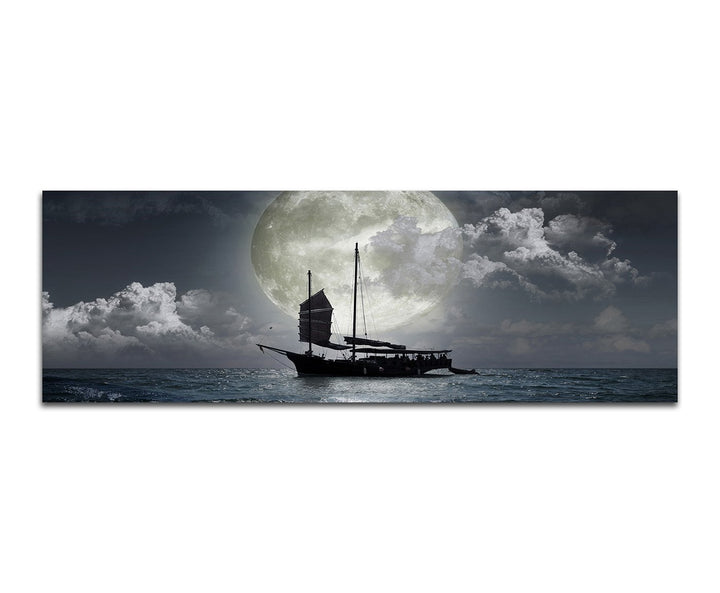 Paul Sinus Art Panoramabild auf Leinwand und Keilrahmen 150x50cm Meer Nacht Vollmond Segelschiff