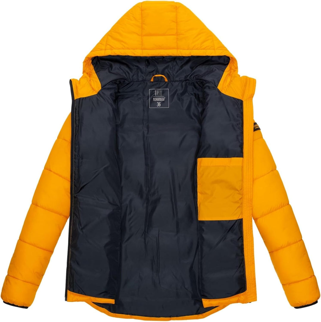 MARIKOO Damen Steppjacke gesteppte Winterjacke mit Kapuze B927 34 Gelb, 34 Gelb