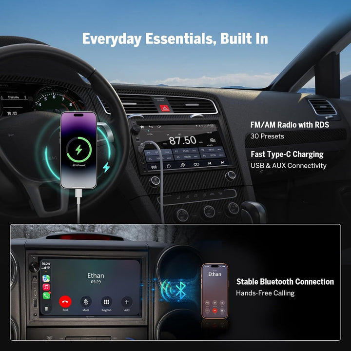 Eonon 7 Zoll Linux Doppel-Din-Autoradio, kabellos, CarPlay, Android Auto, Schnellladung, USB, DSP, B