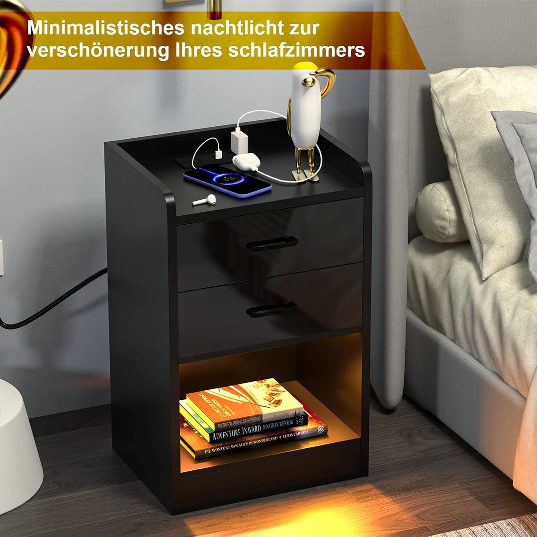 PIPIPOXER Moderner 2er Set Nachttisch mit Steckdose und LED-Beleuchtung, Nachtschrank mit 2 Schublad