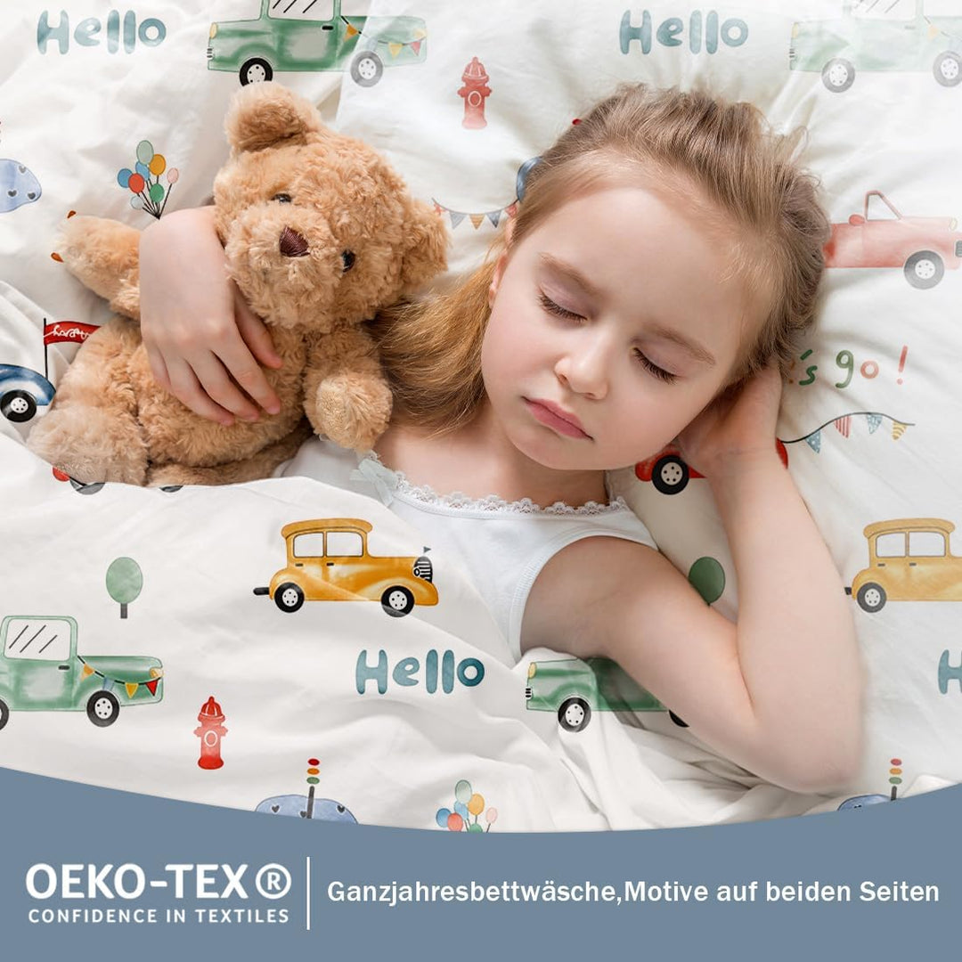 Freyamy Kleinkinder-Bettwäsche-Set 135x200,Cartoon Kinderbettwäsche für Mädchen Jungen,Autos Wendemo