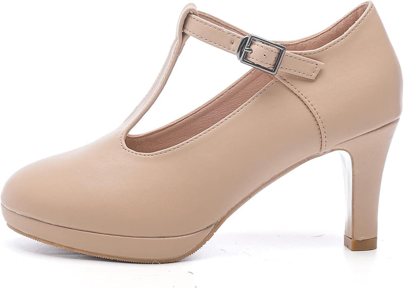 DADAWEN Damen T-Strap Pumps High Heels Plateau Kleid Schuhe 36 EU Beige, 36 EU Beige