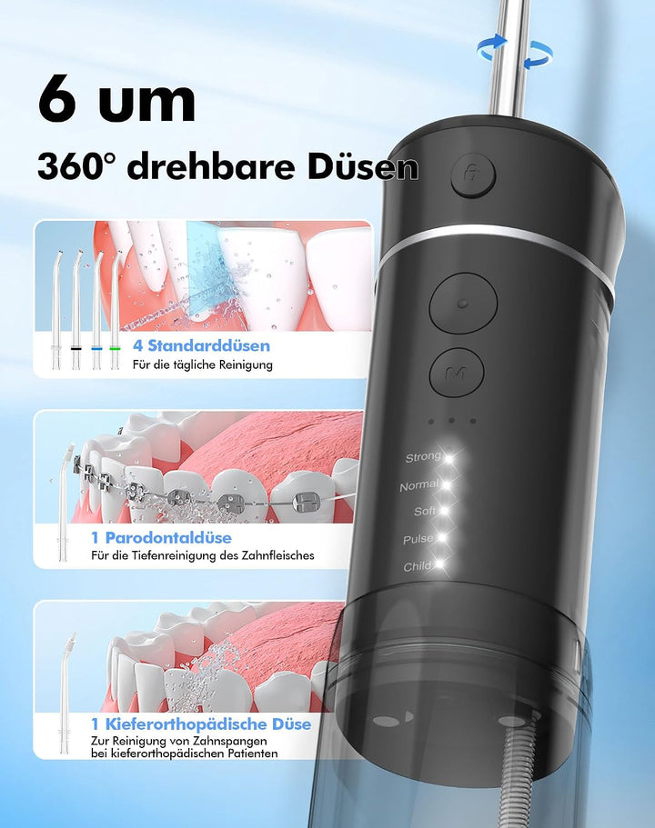 Reise Munddusche Kabellos Zahnreinigung: Oral Irrigator mit 5 Modi, 180ML Wassertank IPX7 Wasserdich