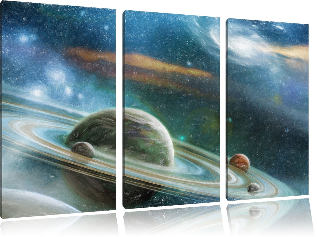 Pixxprint Planet mit Ringsystem / 3-Teilig/Gesamtmass 120cm Leinwandbild bespannt auf Holzrahmen/Wan