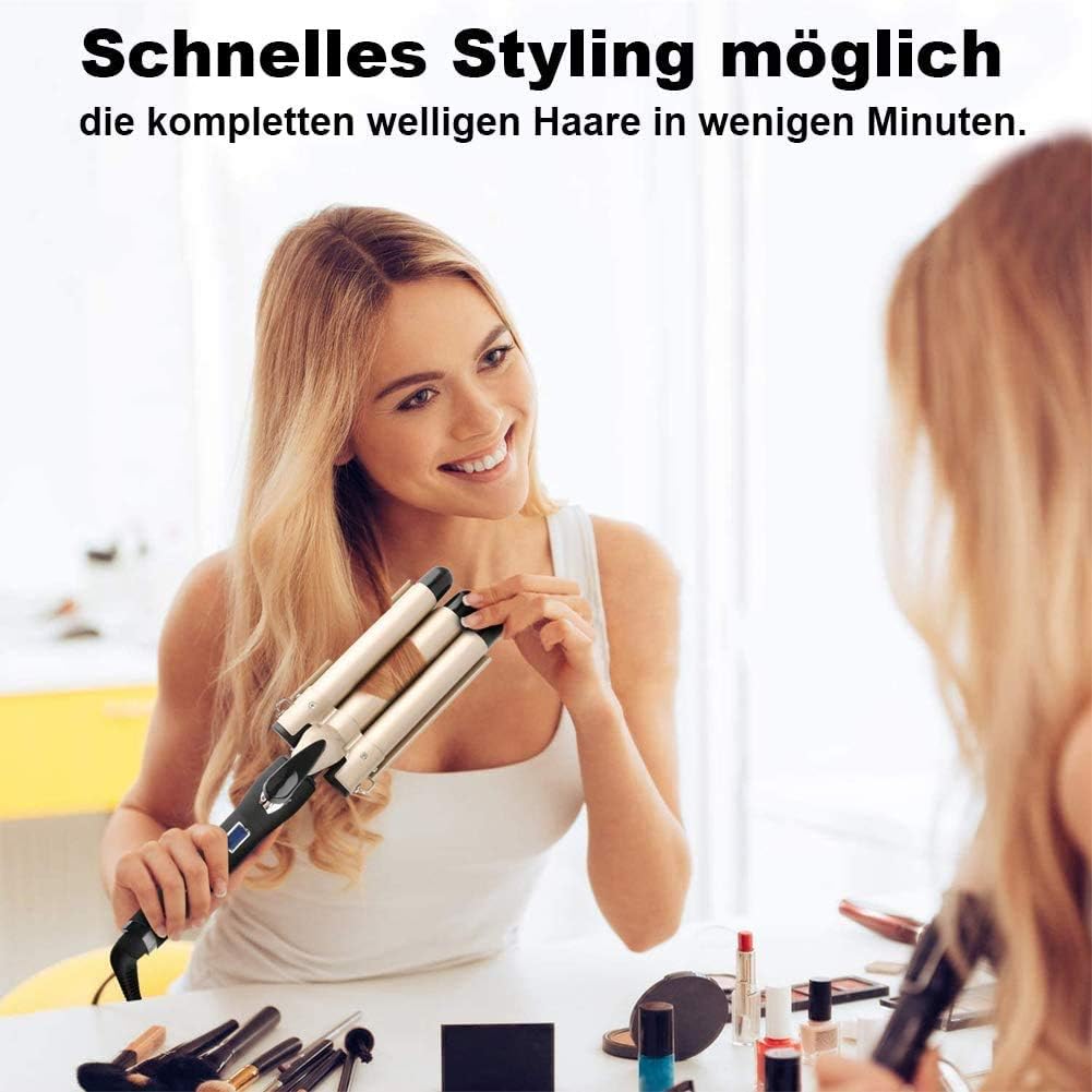 Welleneisen 3 Fässer Lockenstab BEACHWAVES Φ25mm, AIMERVO Curler LCD 14 Temperaturstufen 80-210℃, fü