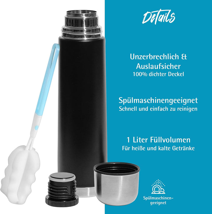 GRÄWE Thermosflasche,1 Liter Edelstahl Trinkflasche, Thermoskanne, Isolierflasche für unterwegs mit