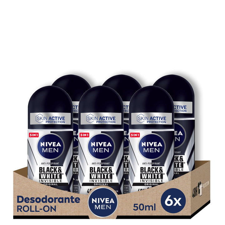NIVEA Black White 6' 50 ml Deodorant The Invisible Roll-on for Black & White Men Original, (Paquete