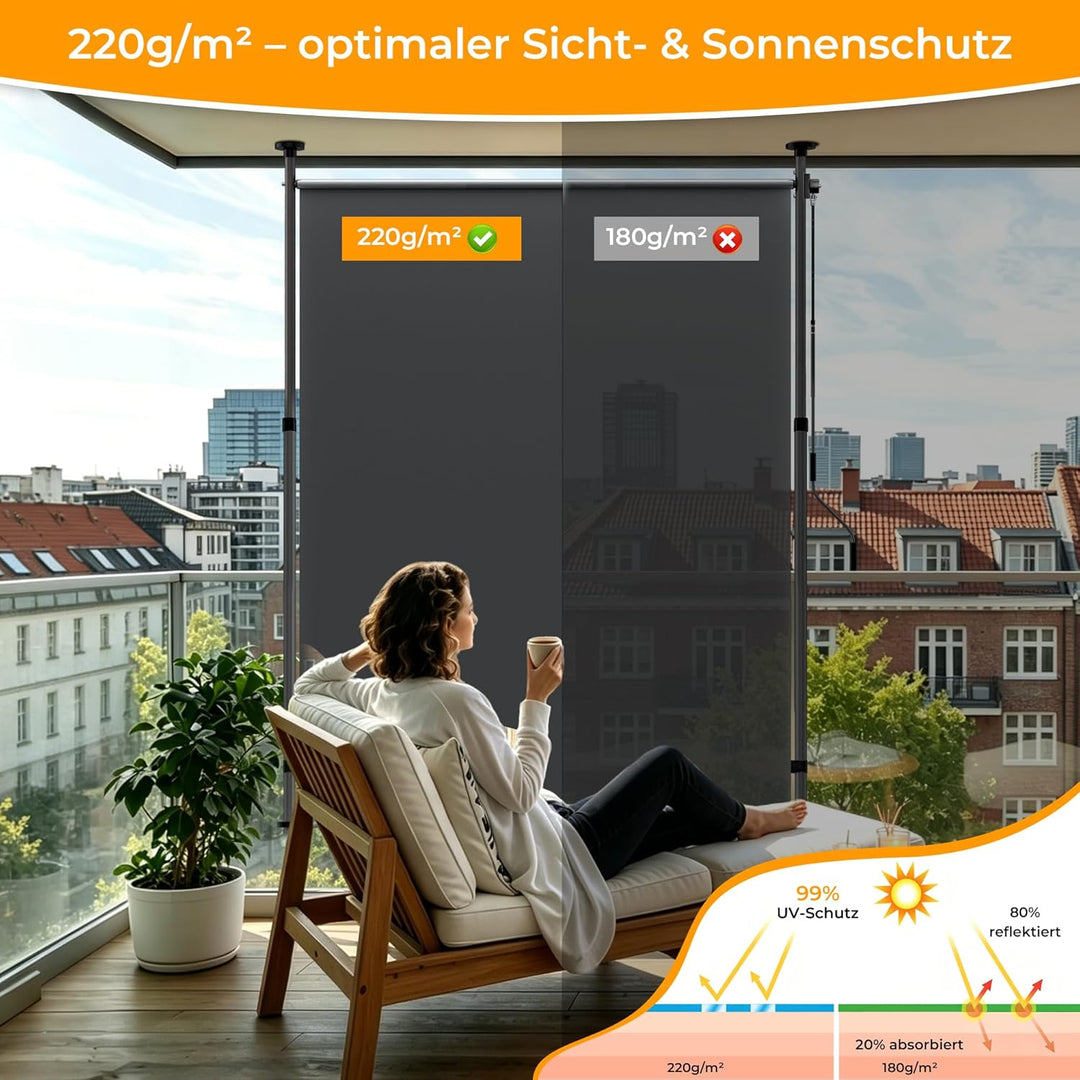 HOMEDEMO Senkrechtmarkise Aussen, Vertikalmarkise ohne Bohren, Balkonrollo mit Handkurbel, Sichtschu