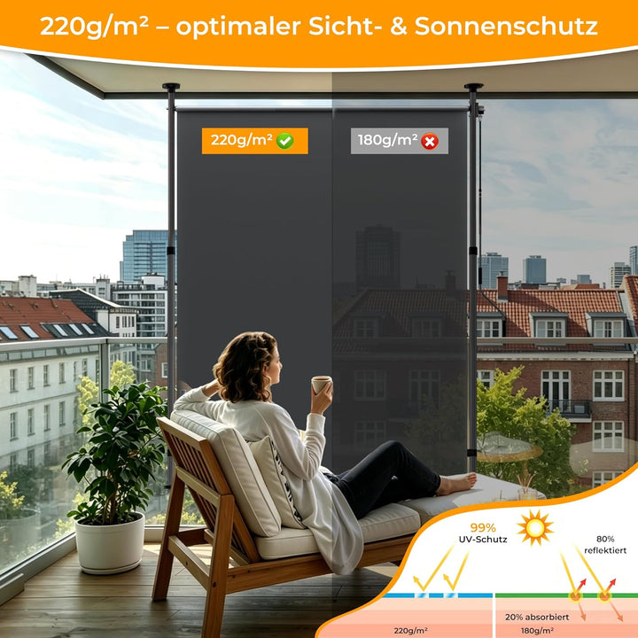 HOMEDEMO Senkrechtmarkise Aussen, Vertikalmarkise ohne Bohren, Balkonrollo mit Handkurbel, Sichtschu