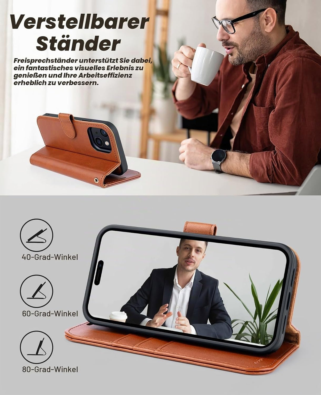 OCASE iPhone 15 Plus Hülle(2in1) Leder Stossfestes Case [Abnehmbare magnetische Hülle] [Kabelloses L