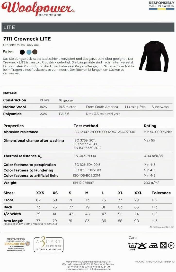 Woolpower Lite Crewneck Long Sleeve Shirt Men - Merino Unterwäsche XS Schwarz, XS Schwarz