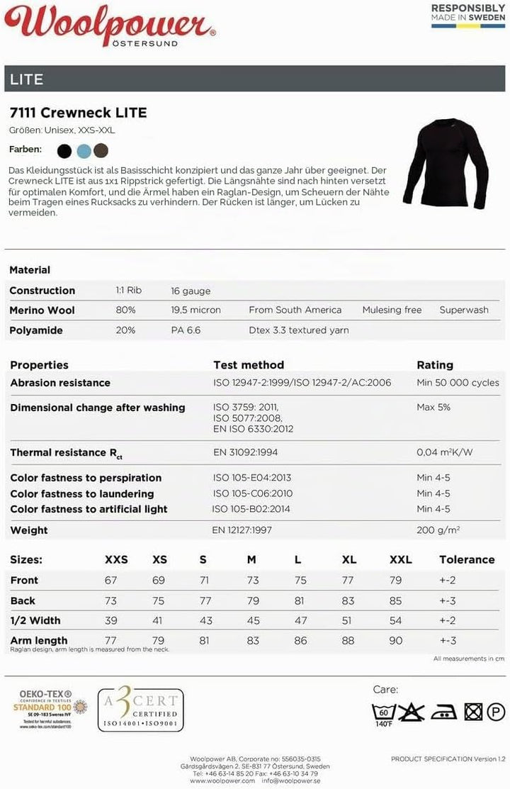 Woolpower Crewneck LITE XXS Schwarz, XXS Schwarz