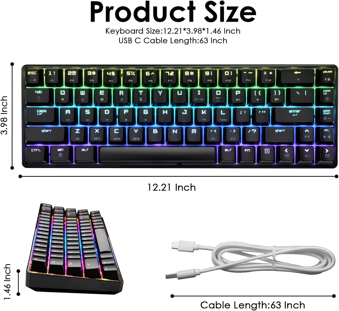60% mechanische Mini-Tastatur, kompakt 68 Tasten, USB C, kabelgebunden, RGB-Tastatur, 18 Chroma Rain
