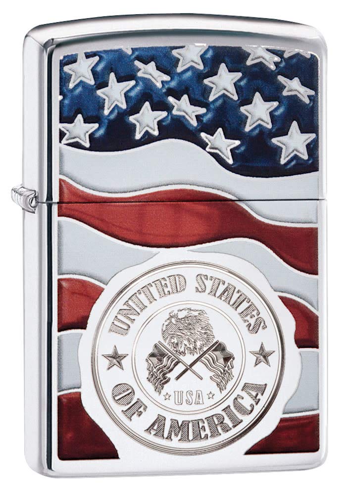 Zippo American Stempel auf Flagge Winddicht Feuerzeug – Chrom poliert American Stam On Flag, America