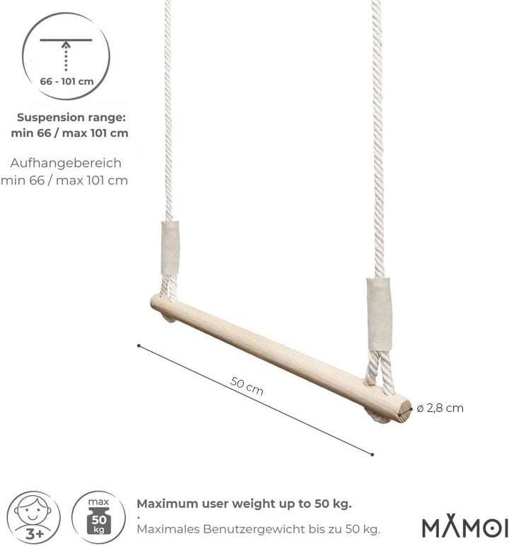 MAMOI® Trapez schaukel, Turnringe aus Holz, Turngeräte für Kinder Indoor und Outdoor, Ringe schaukel