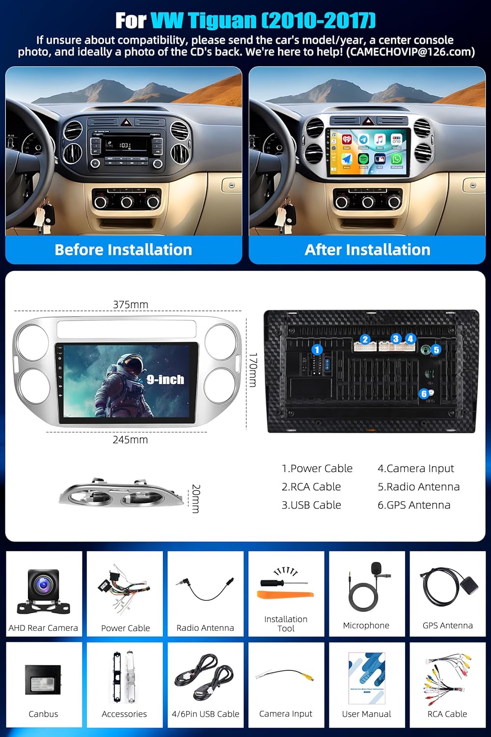 CAMECHO 2G+64G Android 15 Autoradio für VW Tiguan (2010-2017) mit Navi Wireless Carplay Android Auto