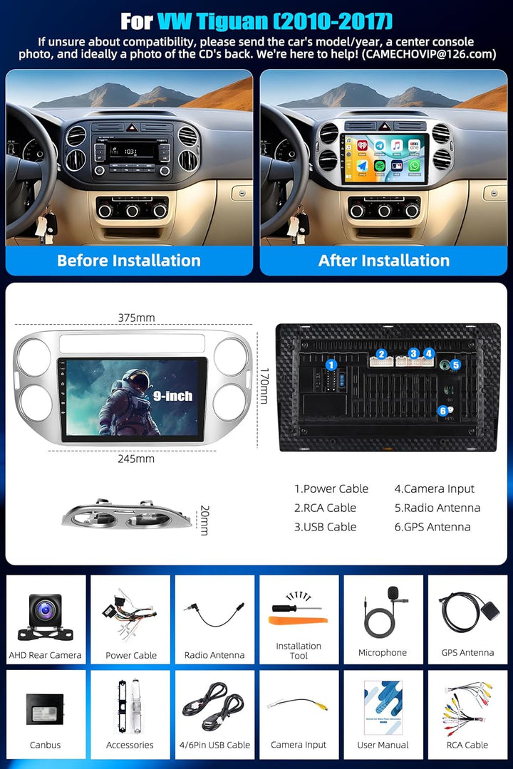 CAMECHO 2G+64G Android 15 Autoradio für VW Tiguan (2010-2017) mit Navi Wireless Carplay Android Auto