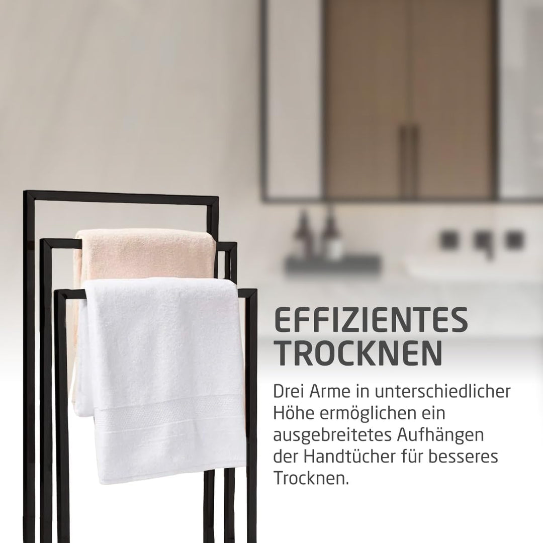 Amig - Matt schwarzer freistehender Handtuchhalter mit 3 Metallstangen - Bodenständer für Badetücher