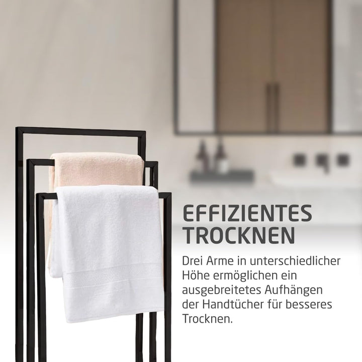 Amig - Matt schwarzer freistehender Handtuchhalter mit 3 Metallstangen - Bodenständer für Badetücher