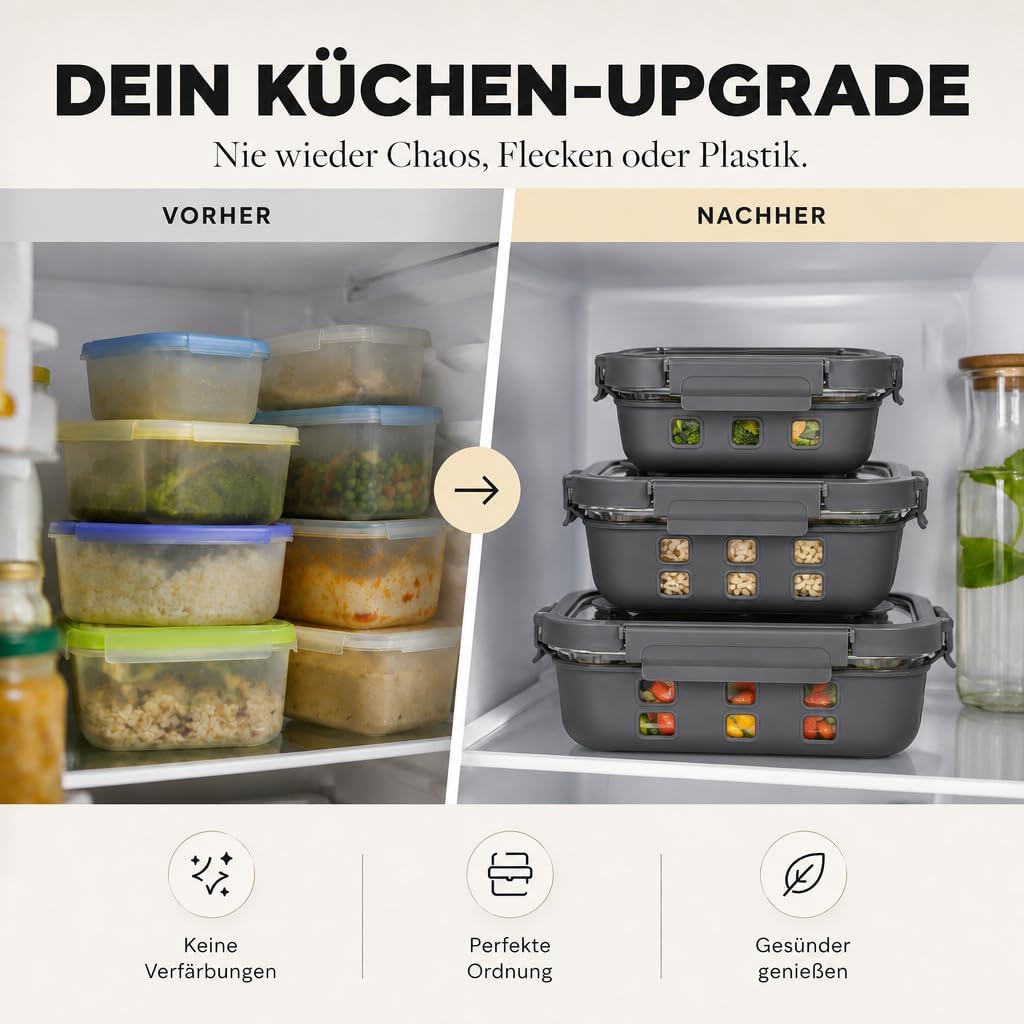Meal Prep Boxen Set 1x640ml, 1x 1020ml, 1x1520ml – Borosilikatglas, auslaufsicher, stapelbar, mikrow