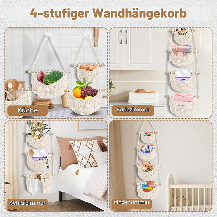 Yiomxhi 4 Stöckig Hängender Organizer Wand Hängekorb, Baumwollseil Hängeorganizer Tür Wandkorb mit 4