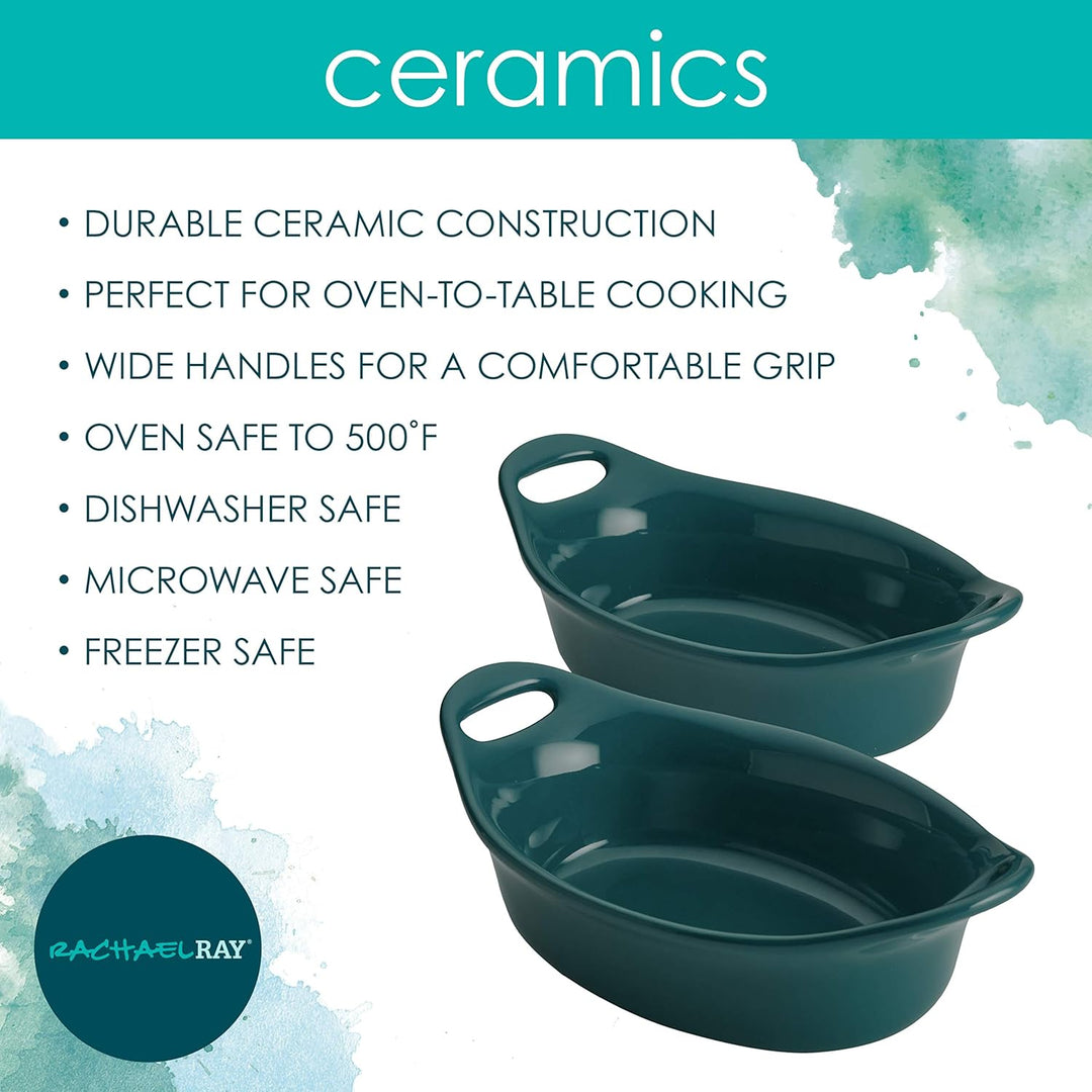 Rachael Ray Solid Glaze Ceramics Au Gratin Bakeware/Baker Set, Oval - 2 Piece, Teal 2 Piece Blaugrün