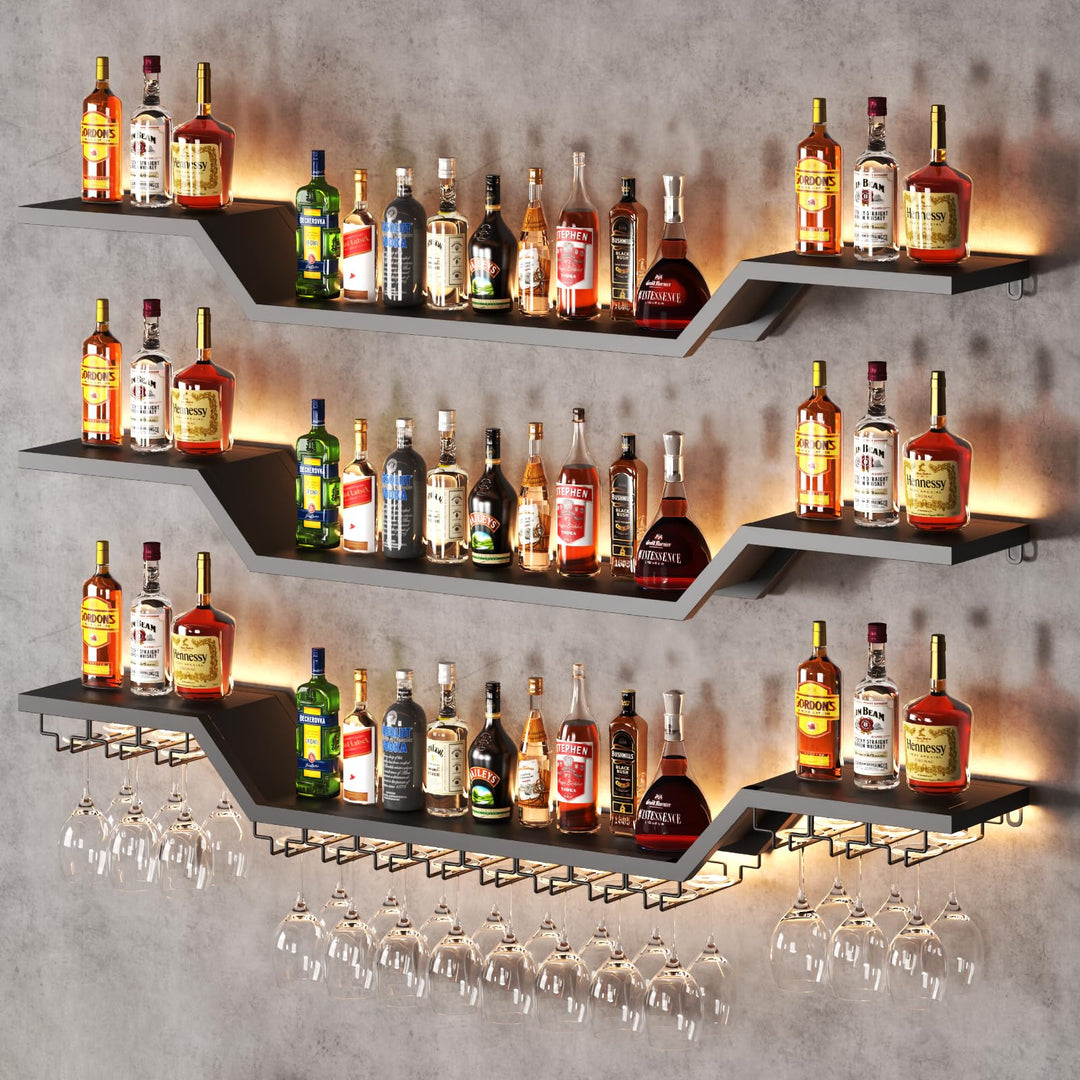 Wand Weinregal mit LED Beleuchtung, 3 Ebenen Weinpareite Display, 100cm | Schwebende Barregale mit G