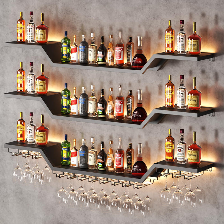 Wand Weinregal mit LED Beleuchtung, 3 Ebenen Weinpareite Display, 100cm | Schwebende Barregale mit G