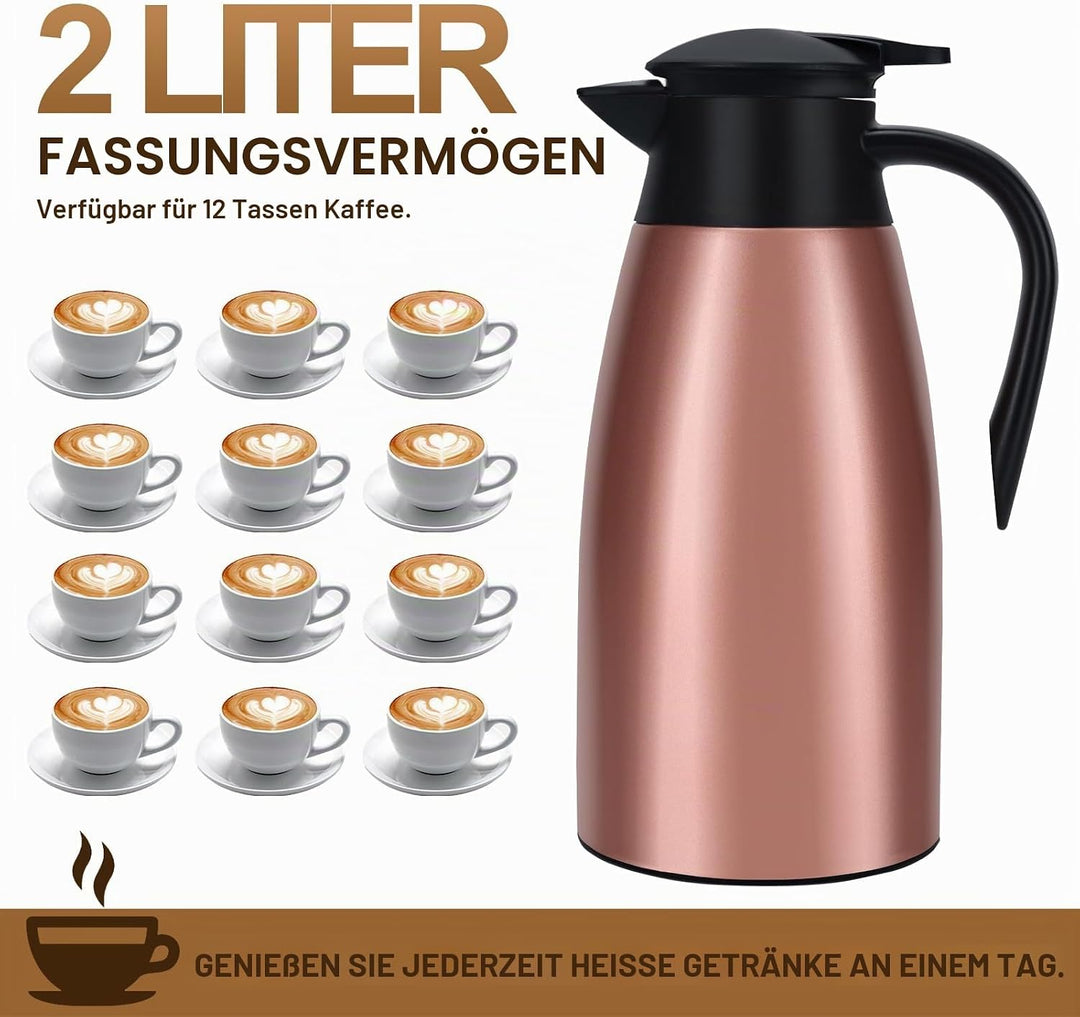 Thermoskanne, 2 l, Kaffeekanne, 304 Edelstahl, Doppel-Wall, Vakuum, isoliert, Kaffee, Thermoskanne,