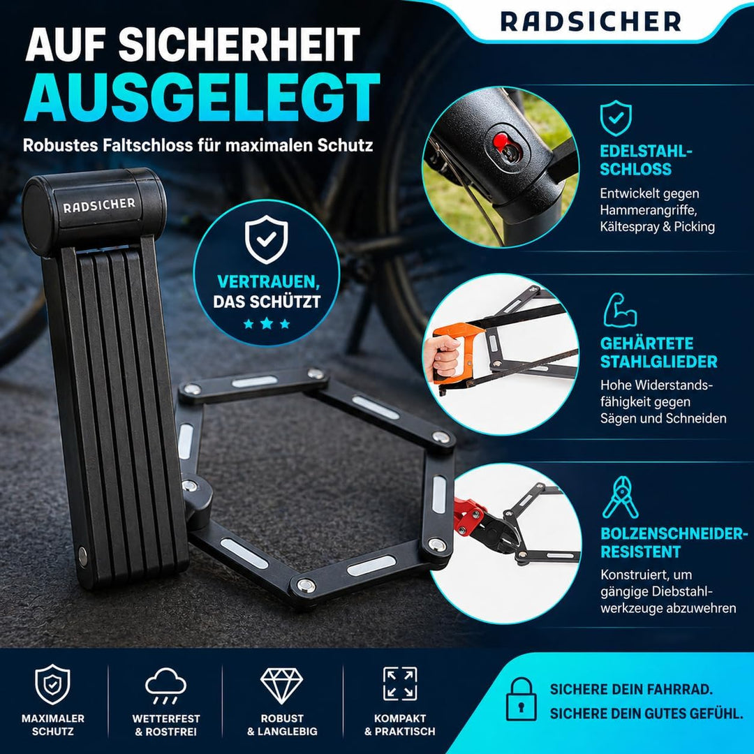 RADSICHER Faltschloss – Robustes Fahrradschloss (90 cm) | Sicherheitslevel 12 | Gehärteter Stahl, We